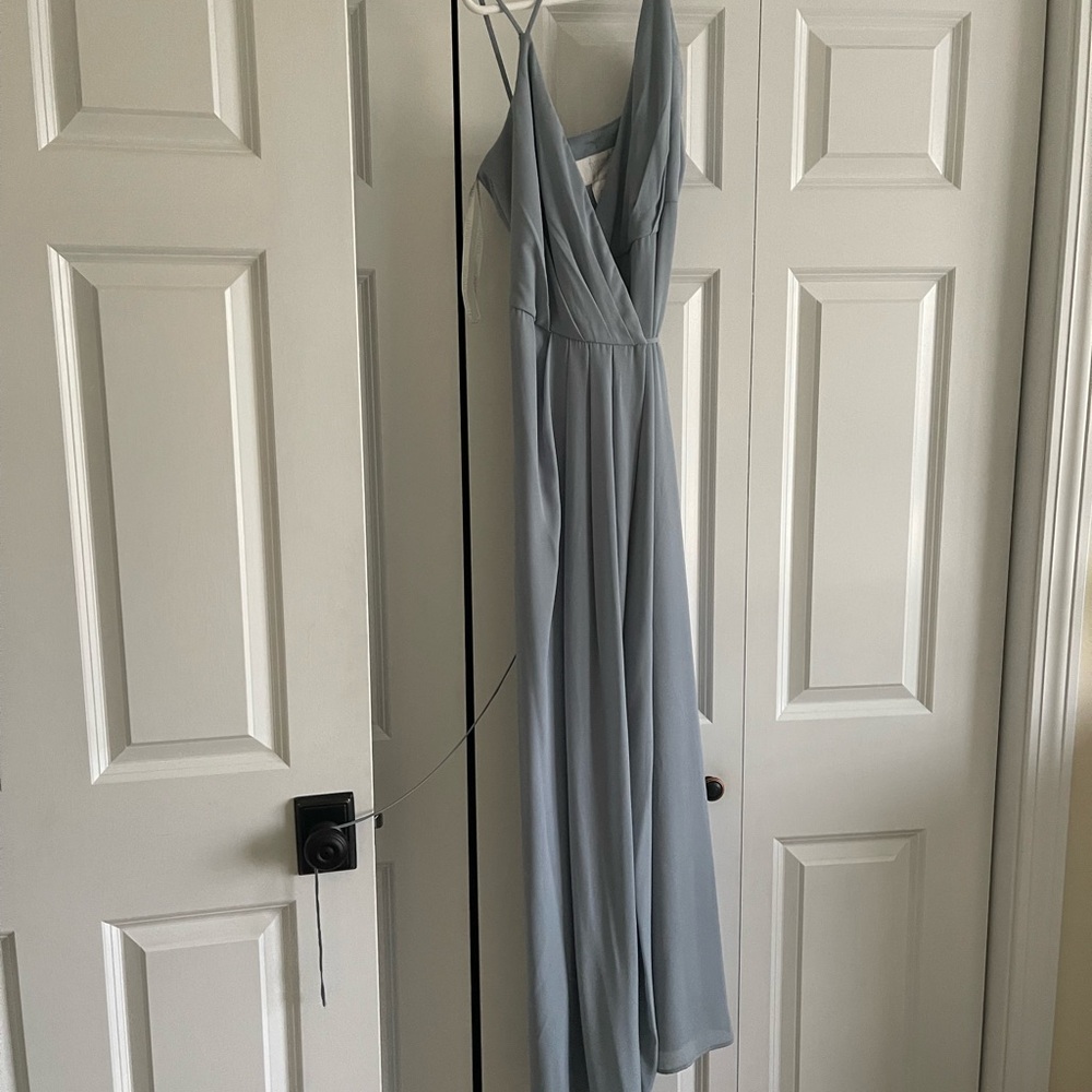 David’s bridal dusty blue chiffon wrap dress. - Picture 2 of 3
